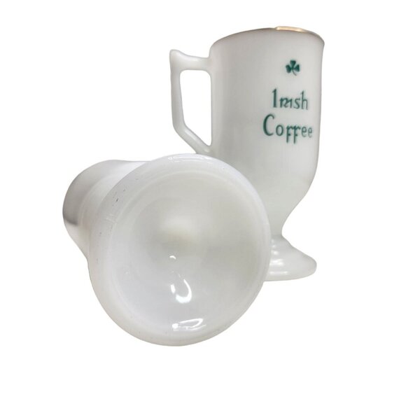 Vintage Irish Coffee Milk Glass Mugs Footed Pedestal Shamrocks Gold Rim Lot of 2 - Picture 5 of 6